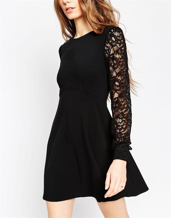 LadylikeLaceSplitBlackLongSleeveFashionDress-XFE122232BA