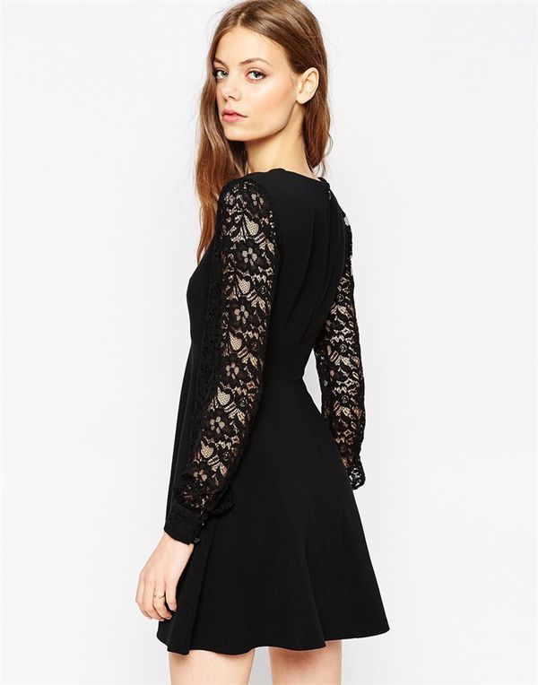 LadylikeLaceSplitBlackLongSleeveFashionDress-XFE122232BA