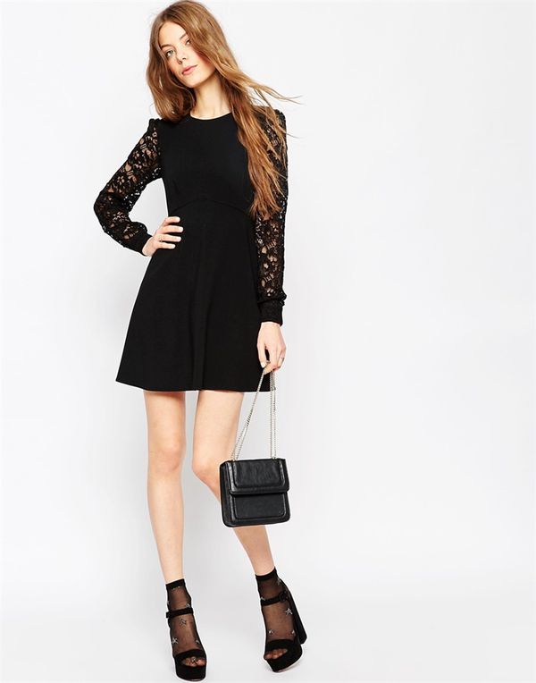 LadylikeLaceSplitBlackLongSleeveFashionDress-XFE122232BA