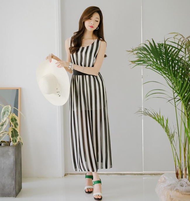 LadylikeVerticalStripesV-neckSleevelessHighWaistedDress-DFE052132