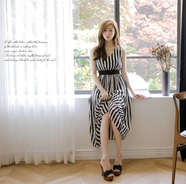 LadylikeVerticalStripesV-neckSleevelessHighWaistedDress-DFE052132