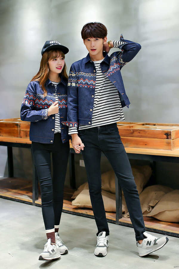 LatestDesignCoupleLongSleeveFloralPrintingTurndownNeckDenimJackets-ZME100818BU