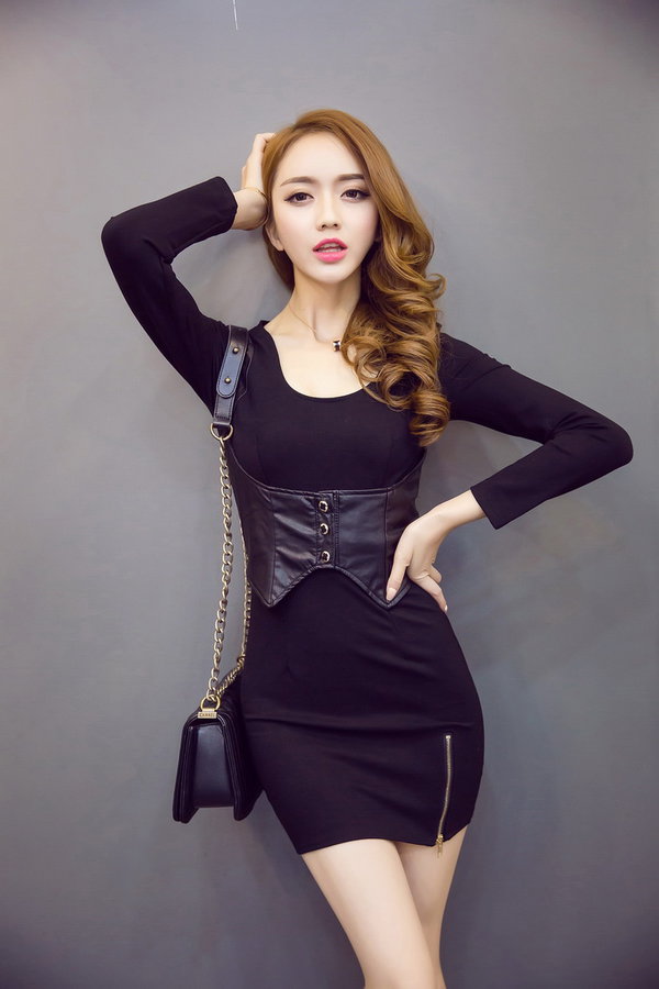 LatestDesignKoreanWomenLongSleevePatchworkZipperBlackWrapDresses-ZME102752BA