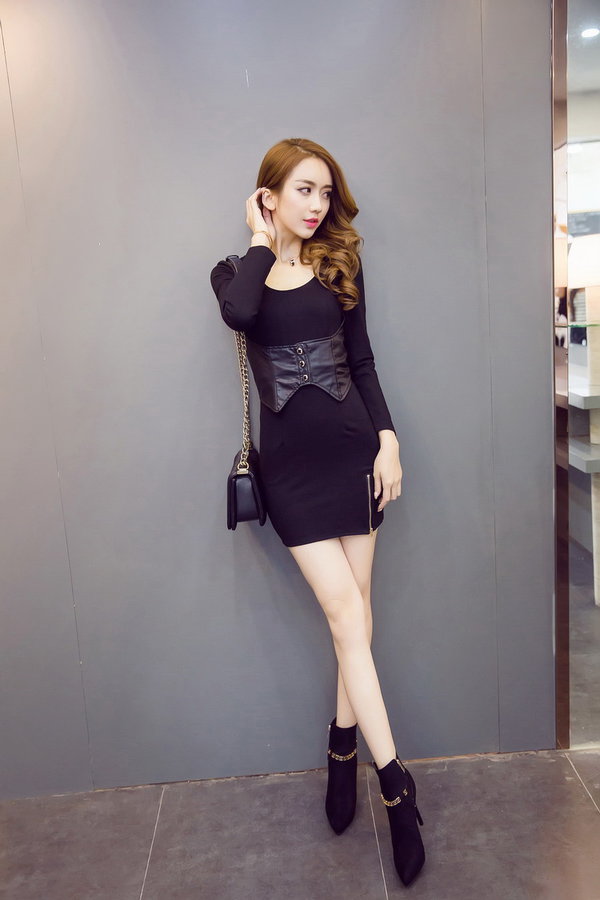 LatestDesignKoreanWomenLongSleevePatchworkZipperBlackWrapDresses-ZME102752BA