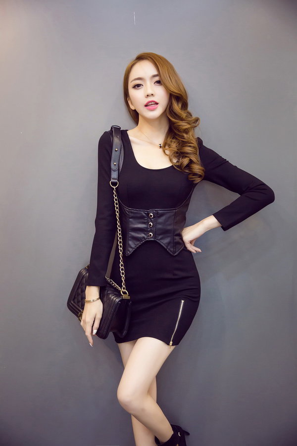 LatestDesignKoreanWomenLongSleevePatchworkZipperBlackWrapDresses-ZME102752BA