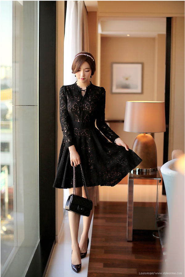 LatestDesignSexyLacinessLongSleeveHollowOutWomenBlackDress-XFE111043BA