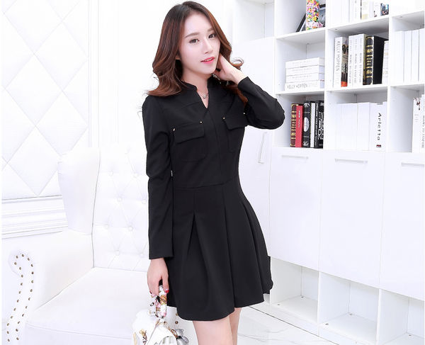 LatestDesignWomenKoreanStyleBeautifulElegantHighNeckLongSleeveDress-PME090834