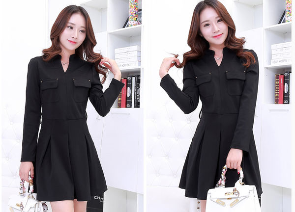 LatestDesignWomenKoreanStyleBeautifulElegantHighNeckLongSleeveDress-PME090834