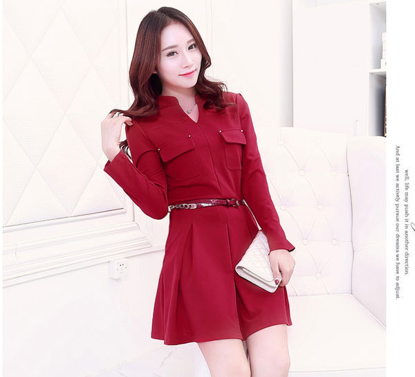 LatestDesignWomenKoreanStyleBeautifulElegantHighNeckLongSleeveDress-PME090834