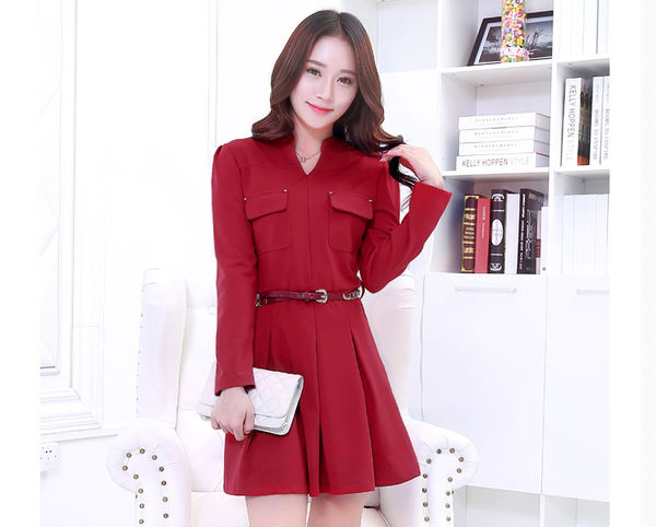 LatestDesignWomenKoreanStyleBeautifulElegantHighNeckLongSleeveDress-PME090834