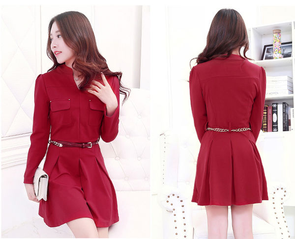 LatestDesignWomenKoreanStyleBeautifulElegantHighNeckLongSleeveDress-PME090834