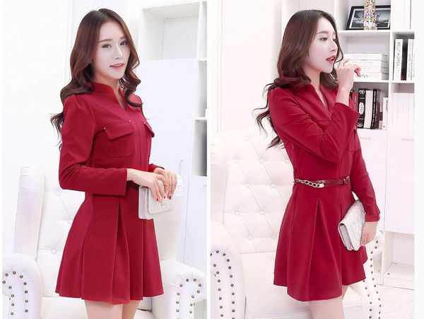 LatestDesignWomenKoreanStyleBeautifulElegantHighNeckLongSleeveDress-PME090834