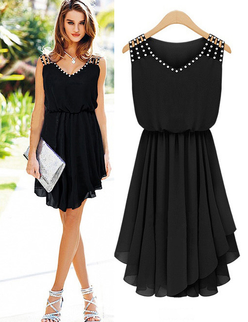 LatestSummerHotDrillingSleevelessCoastDressV-neckElasticWaistPleatedBlackDress-DFE032027BA
