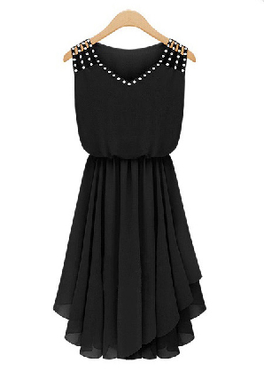 LatestSummerHotDrillingSleevelessCoastDressV-neckElasticWaistPleatedBlackDress-DFE032027BA