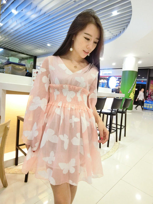 Loose-fittingHighQualityLongSleeveFreshVNeckPrintMiniDress-XFE092416