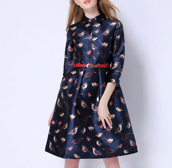 LovelyWomenEuropeStyleTrendyYoungAnimalPrintedDressWithBelt-PME091017DB