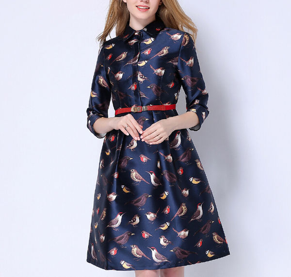 LovelyWomenEuropeStyleTrendyYoungAnimalPrintedDressWithBelt-PME091017DB