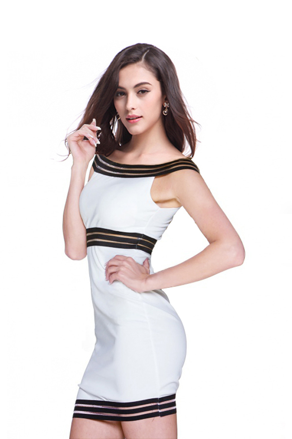 Low-costBoatNeckOffShoulderStripesMatchingWhiteDressTightDress-DFE072210WI