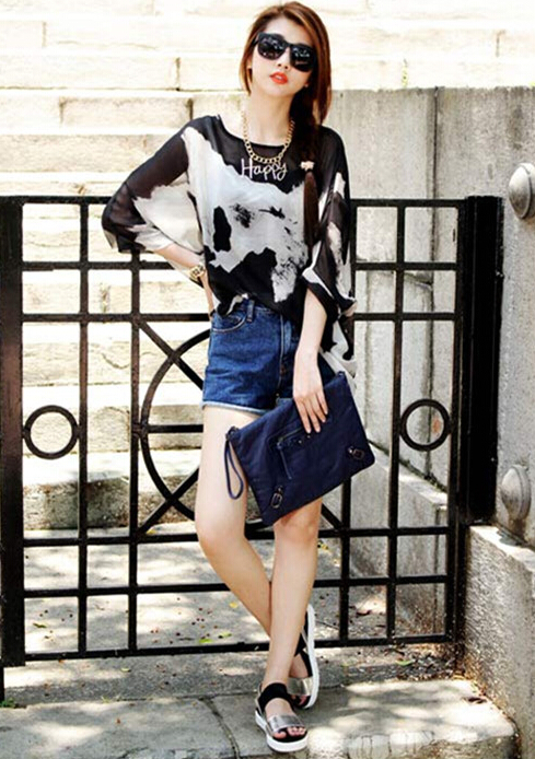 LowCostBlackLooseLongSleeveChicPrintedKoreanStyleWomenBlouses-XHE060931BA