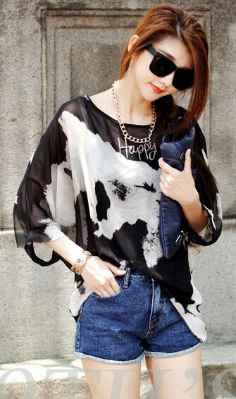 LowCostBlackLooseLongSleeveChicPrintedKoreanStyleWomenBlouses-XHE060931BA