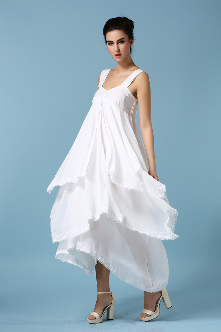 LuxurySummerHotMaxiDressForWomenLayeredSleevelessRuffleChiffonWhiteDress-ZME012308WI