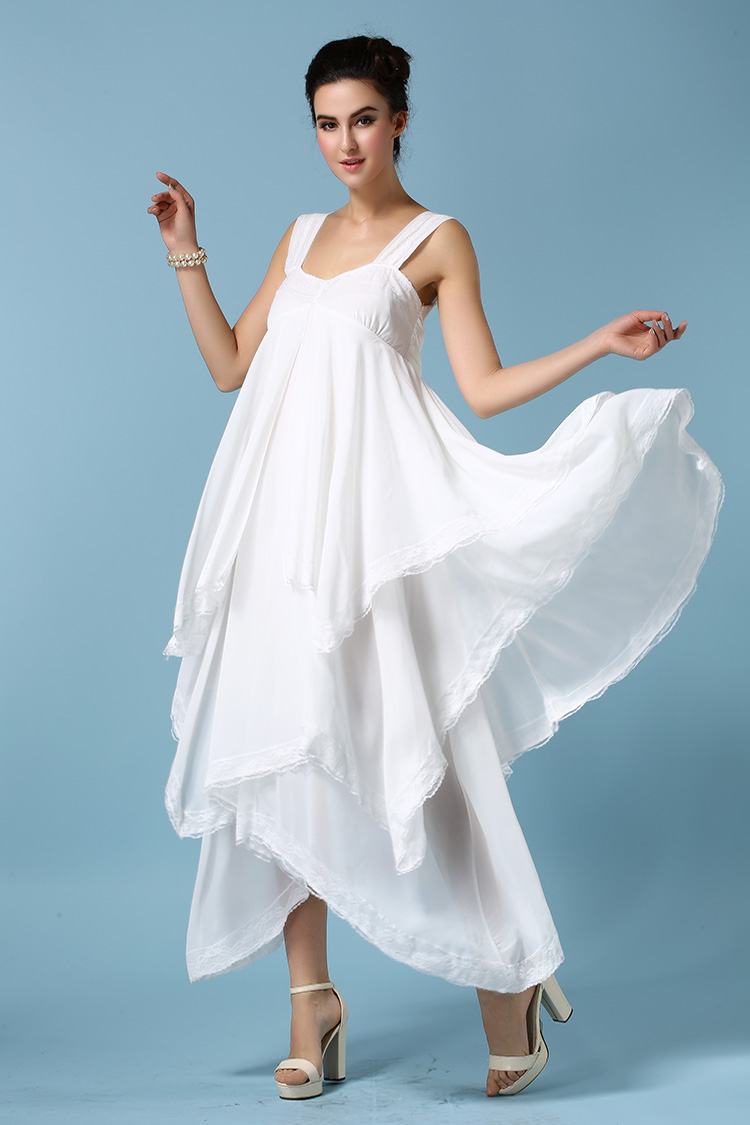 LuxurySummerHotMaxiDressForWomenLayeredSleevelessRuffleChiffonWhiteDress-ZME012308WI