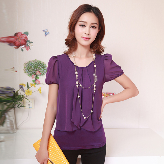 M-4XLScoopNeckFlouncingChiffonBlousePuffSleeveCheapBaggyBlouse-DFE040718PR