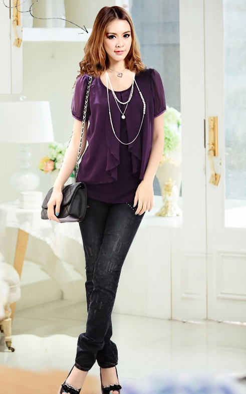 M-4XLScoopNeckFlouncingChiffonBlousePuffSleeveCheapBaggyBlouse-DFE040718PR