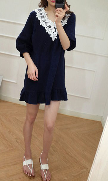 NavyBlueCasualLongSleeveV-NeckPartyDresses-ZFE081731NB