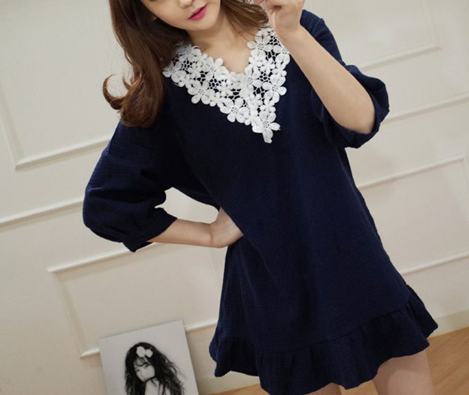 NavyBlueCasualLongSleeveV-NeckPartyDresses-ZFE081731NB