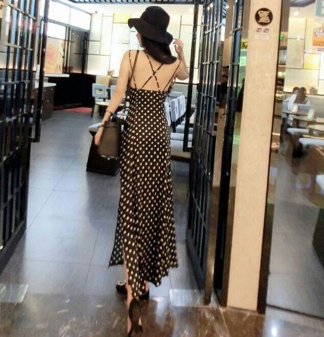 NewArrival2014SummerSexyPrettyBlackBacklessDotPrintingSplitStrapSleevelessLongBeachDresses-YFT062302BA