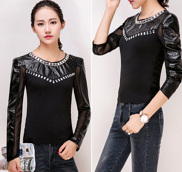 NewArrivalElegantWomenLongSleeveBeadingPatchworkBlackBlouse-ZME102250BA