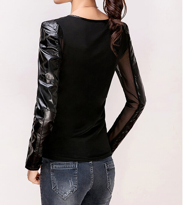 NewArrivalElegantWomenLongSleeveBeadingPatchworkBlackBlouse-ZME102250BA