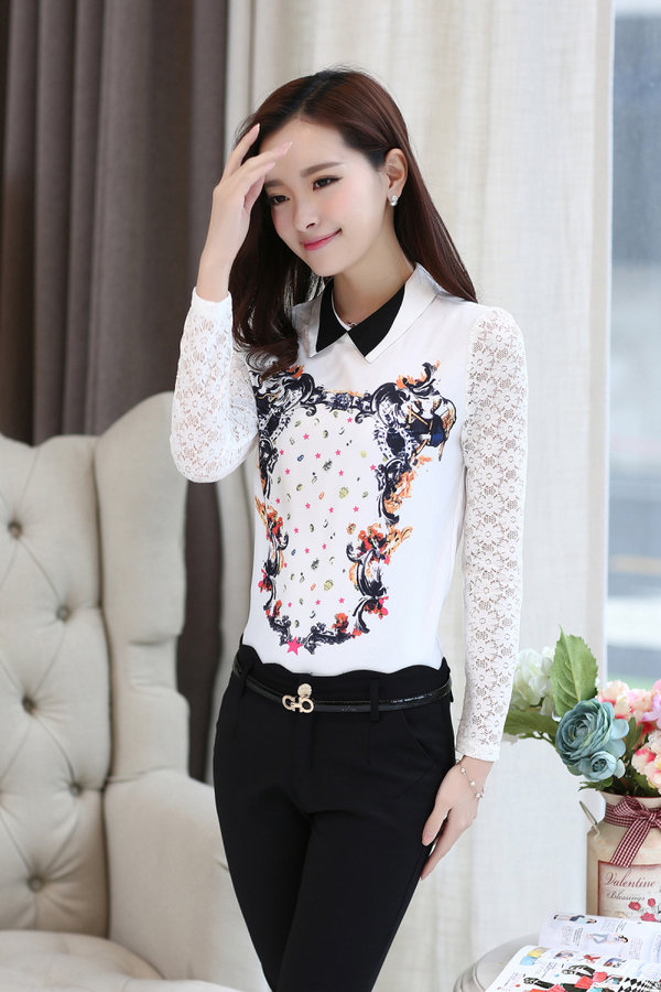 NewArrivalFashionWomenLaceSplicedPoloNeckLongSleeveChiffonBlouse-ZME111110