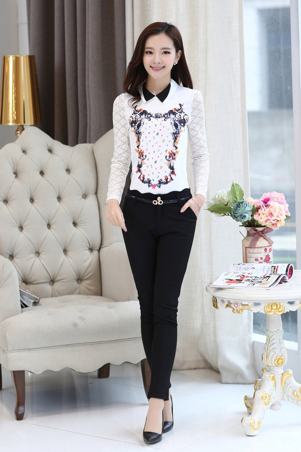 NewArrivalFashionWomenLaceSplicedPoloNeckLongSleeveChiffonBlouse-ZME111110