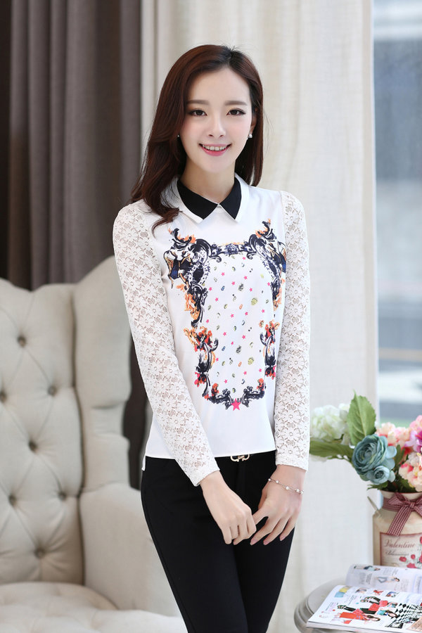 NewArrivalFashionWomenLaceSplicedPoloNeckLongSleeveChiffonBlouse-ZME111110