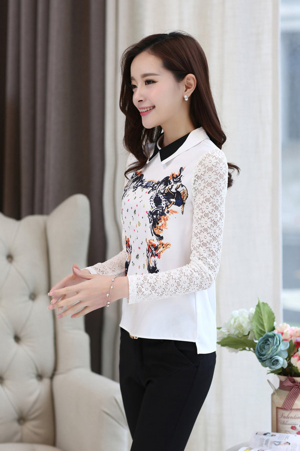 NewArrivalFashionWomenLaceSplicedPoloNeckLongSleeveChiffonBlouse-ZME111110