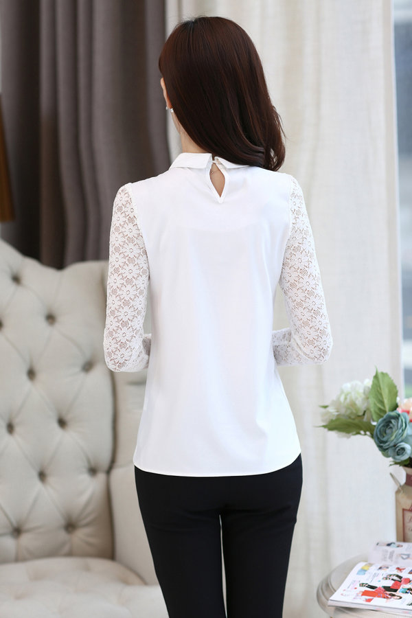 NewArrivalFashionWomenLaceSplicedPoloNeckLongSleeveChiffonBlouse-ZME111110