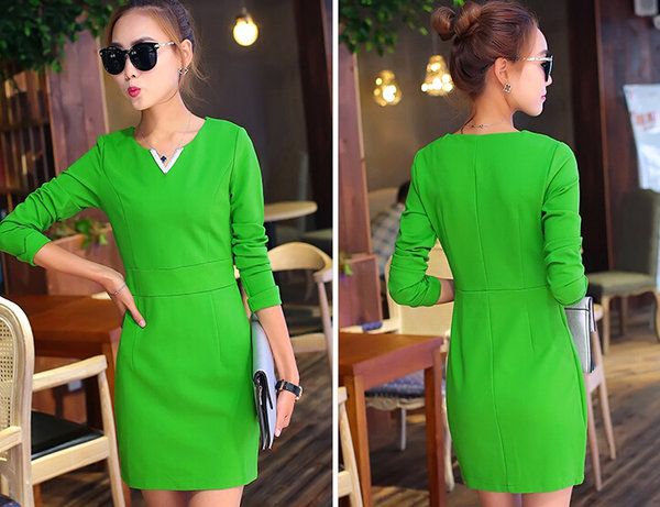 NewArrivalKoreanWomenLongSleeveVNeckBodyconCasualDresses-ZME100809