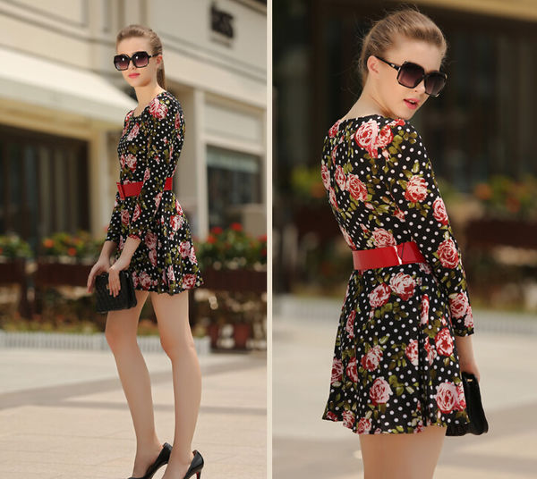 NewArrivalWomenFashionFloralPrintedAboveKneeDressWithBelt-PME090952BA