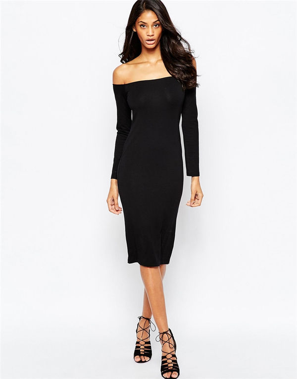 NewCollectionLongSleeveElegantBlackFittedBoatNeckWomenDress-XFE120738BA