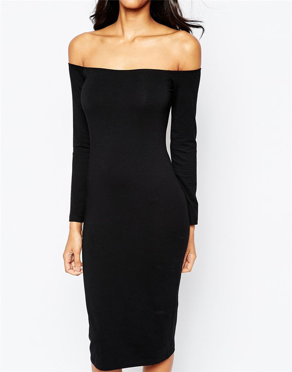 NewCollectionLongSleeveElegantBlackFittedBoatNeckWomenDress-XFE120738BA