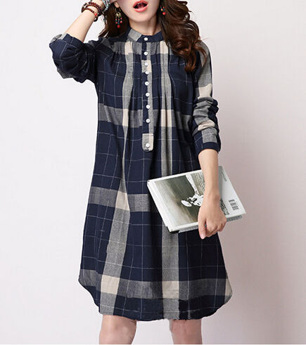 NewCollectionLooseRetroButtonPlaidPrintStandCollarWomenBlouse-XFE090438