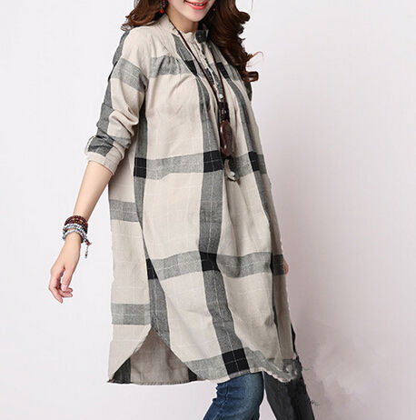 NewCollectionLooseRetroButtonPlaidPrintStandCollarWomenBlouse-XFE090438