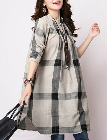 NewCollectionLooseRetroButtonPlaidPrintStandCollarWomenBlouse-XFE090438