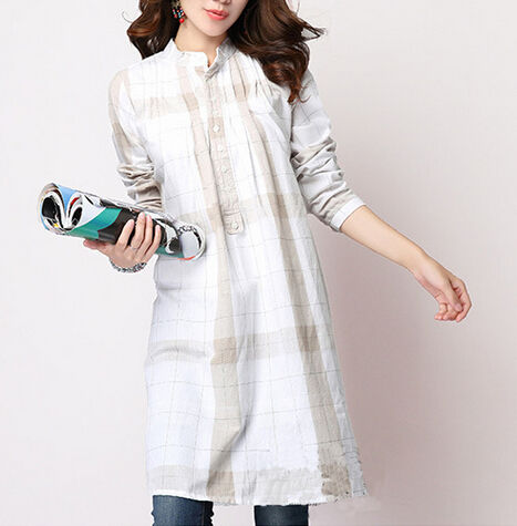 NewCollectionLooseRetroButtonPlaidPrintStandCollarWomenBlouse-XFE090438