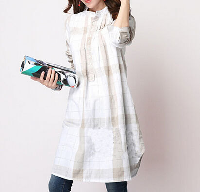 NewCollectionLooseRetroButtonPlaidPrintStandCollarWomenBlouse-XFE090438