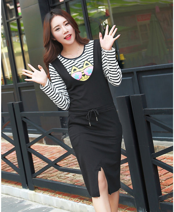 NewCollectionWomenKoreanStyleStripedPrintedTopsBlackTwoPiecesDress-PME090833BA