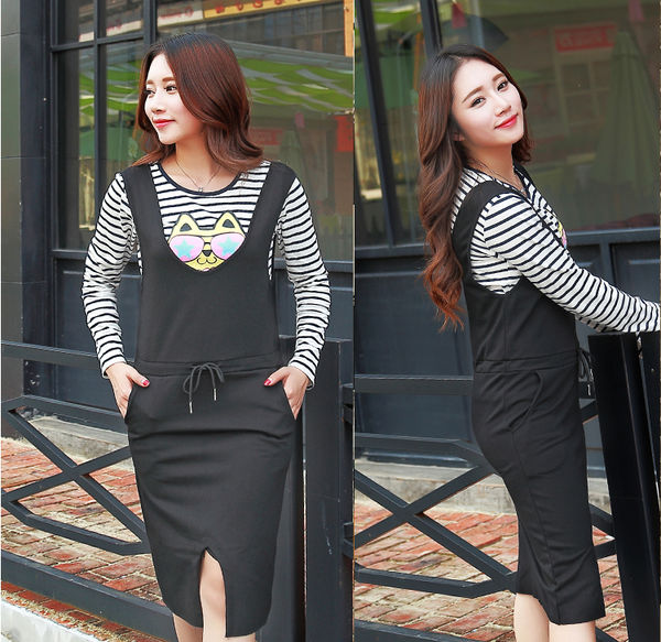 NewCollectionWomenKoreanStyleStripedPrintedTopsBlackTwoPiecesDress-PME090833BA