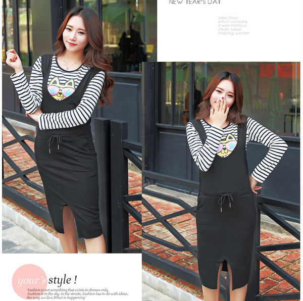 NewCollectionWomenKoreanStyleStripedPrintedTopsBlackTwoPiecesDress-PME090833BA